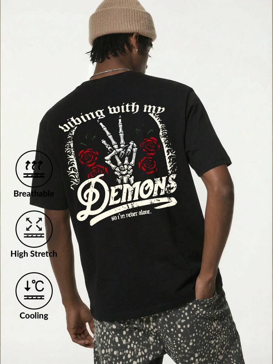 Camvyn 男士休闲时尚街头宽松落肩冰丝印花短袖T恤，夏季 - 黑色 - 查看 1