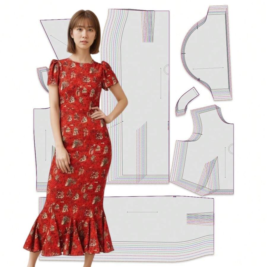 10 种尺码(XXS-5XL)多尺码泡泡袖美人鱼中长连衣裙缝纫纸样,女士缝纫纸样,适合初学者的简易缝纫纸样,1:1 女装缝纫纸样套装,附带高清彩色图片说明,新款时尚女装缝纫纸样,送给缝纫爱好者的礼物 - CL0280 - 查看 1
