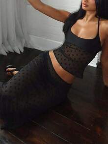 女士休闲网纱性感两件套，夏季派对俱乐部度假街头服饰黑色波点 - 黑色 - 查看 6