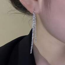 1对时尚闪亮长流苏耳夹 - 优雅纤细耳环，适合作为节日礼物 - 銀色 - 查看 3