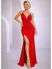 Bridesmaid Dress Party V-Neck Iron Guest Graduation Without Shine Simple Lilac Fuscia Pink Rose Terracotta Olive Blue Marsala Serenity Black - Đỏ - Xem 1