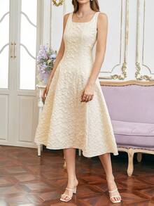 Đầm midi dáng chữ A thanh lịch cổ vuông, chất liệu jacquard, thắt nơ phía sau. - Màu be - Xem 4