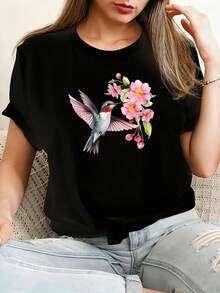 The hummingbird pecks at the flowers slightly Camiseta de algodón 100% femenino camiseta Casual 220g Funny Graphic Short Sleeve 1 PCS Tee Novelty Crew Neck Oversized Top - Negro - Ver 1