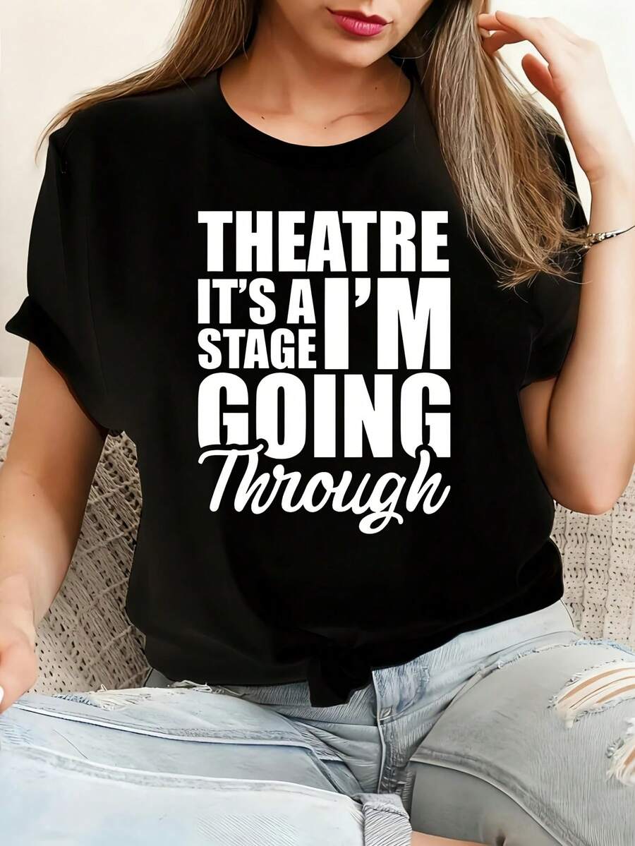 Theater Camiseta de algodón 100% femenino camiseta Casual 220g Funny Graphic Short Sleeve 1 PCS Tee Novelty Crew Neck Oversized Top - Negro - Ver 1