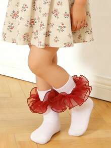 1 Pair Children/Toddler Solid Color Ruffle Trim Mid-Calf Socks, Versatile For School Uniform - Red - View 4