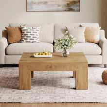 LITTLE TREE 39.37-Inch Square Coffee Table For Living Room, Farmhouse Low Large Center Tea Accent Table With Sturdy Legs, Easy Assembly - 淺棕色 - 查看 10