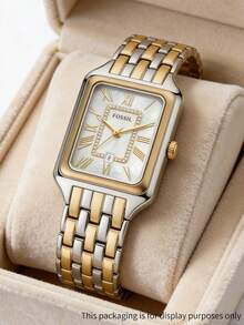 Fossil Reloj de pulsera de mujer con esfera rectangular de nácar con números romanos, de dos tonos, con cadena de metal, de cuarzo, de moda, adecuado para uso diario casual, citas, fiestas y otras ocasiones - Plata + oro - Ver 2