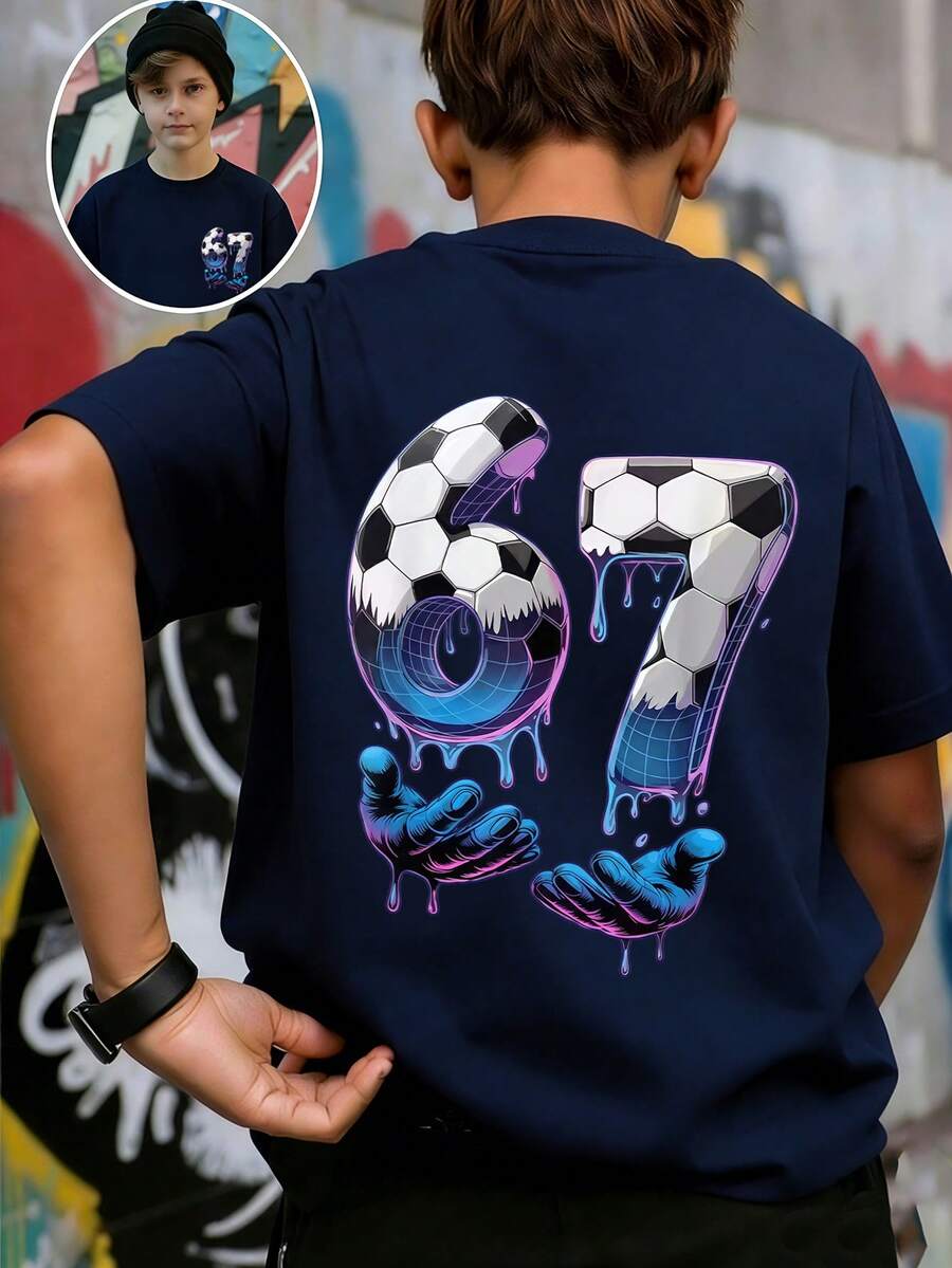 Tween Boy "Six Seven" Creative Football 67 Element Print T-Shirt, Suitable For Boys Street, Campus, Event, Daily Wear, Fashionable Summer Top - Navy Blue - View 1