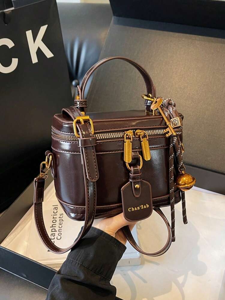 女士斜挎包，大容量方盒包，复古时尚手提包，新款女士托特包，小巧手提包 - 咖啡 - 查看 7