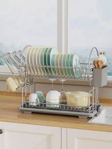 Escurridor de platos de 2 niveles para encimera de cocina con drenaje automático, escurridor de platos a prueba de óxido con soporte para utensilios y secador, estante para platos, escurridor de platos ahorrador de espacio, organizador de cocina, Día del Maestro, Copa del Mundo - Gris - View 13