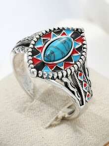 Nhẫn nữ phong cách Bohemian đính đá mắt ngựa, trang sức nghệ thuật cổ điển kiểu Âu và Mỹ đính đá ngọc lam tổng hợp, nhẫn tráng men thủ công. - Nhiều màu - Xem 8