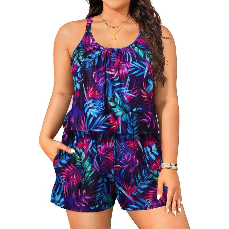 Plus Size Swim Romper WomenPiece Swimsuit With Shorts Bathing Suit - Modest Swimwear With Pockets, UPF 50+Protection, Athletic Swimsuit For Women - 多色751 - 查看 1