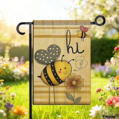 1pc Double-Sided Garden Decor Garden Flag Cute Cartoon Bees With Heart Shaped Polka Dot Wings And Friendly Hi Quote On Striped Background For Kids Room Decor Playful Garden Accent And Cheerful Patio Welcome