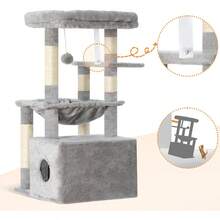 Cat Tree, Kitten Tower With Large Soft Cat Basket, Cat Condo With Spacious Cat Bed Cave With Hidden Space, Sisal-Covered Scratching Posts, Dangling Ball For Indoor Cats, Light Gray HCT008SW - Xám nhạt - Xem 8
