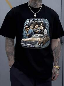 Homies Cruising In A Classic Convertible With A Cityscape Background Embodies Brotherhood And Timeless Cool Representing Camaraderie And Shared Journeys On The Open Road An Iconic Symbol Of Unity And Friendship 1Pcs Men's Casual 100% Cotton Tee - 黑色 - 查看 6