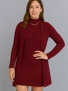 Winter Set: Cardigan + Tank Dress With Lace Collar - Redwood - View 1