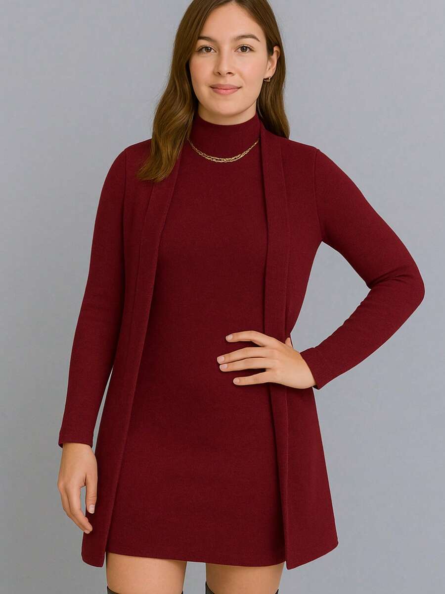 Winter Set: Cardigan + Tank Dress With Lace Collar - Redwood - View 1