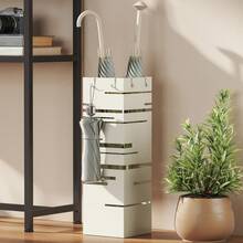 HOMCOM Square Metal Umbrella Stand For Entryway, Freestanding Umbrella Stand With Removable Drip Tray And 4 Hooks, For Indoor And Outdoor Use - 1 Beige Piece - View 9
