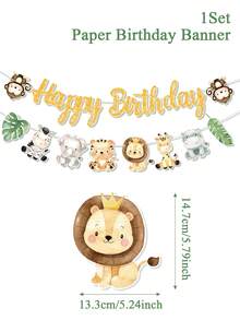 一套丛林动物主题生日快乐横幅，丛林动物狩猎主题生日派对横幅，一周岁生日派对三角旗，野性派对背景装饰，男孩女孩生日派对用品，婴儿派对悬挂装饰，新生儿派对墙面装饰，一周岁生日派对横幅，婴儿派对装饰，婴儿房装饰，生日礼物，丛林派对装饰，生日礼物，性别揭晓派对装饰，派对礼品 - 叢林動物 - 查看 11