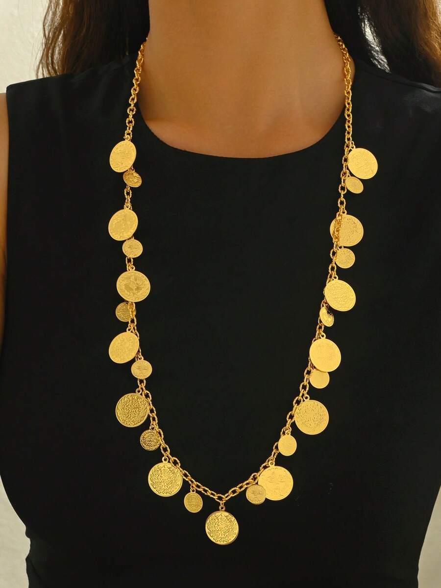 1pc Middle Eastern Style Coin Embossed Long Necklace, Women's Daily Commute & Festival Accessory - Yellow Gold - View 1