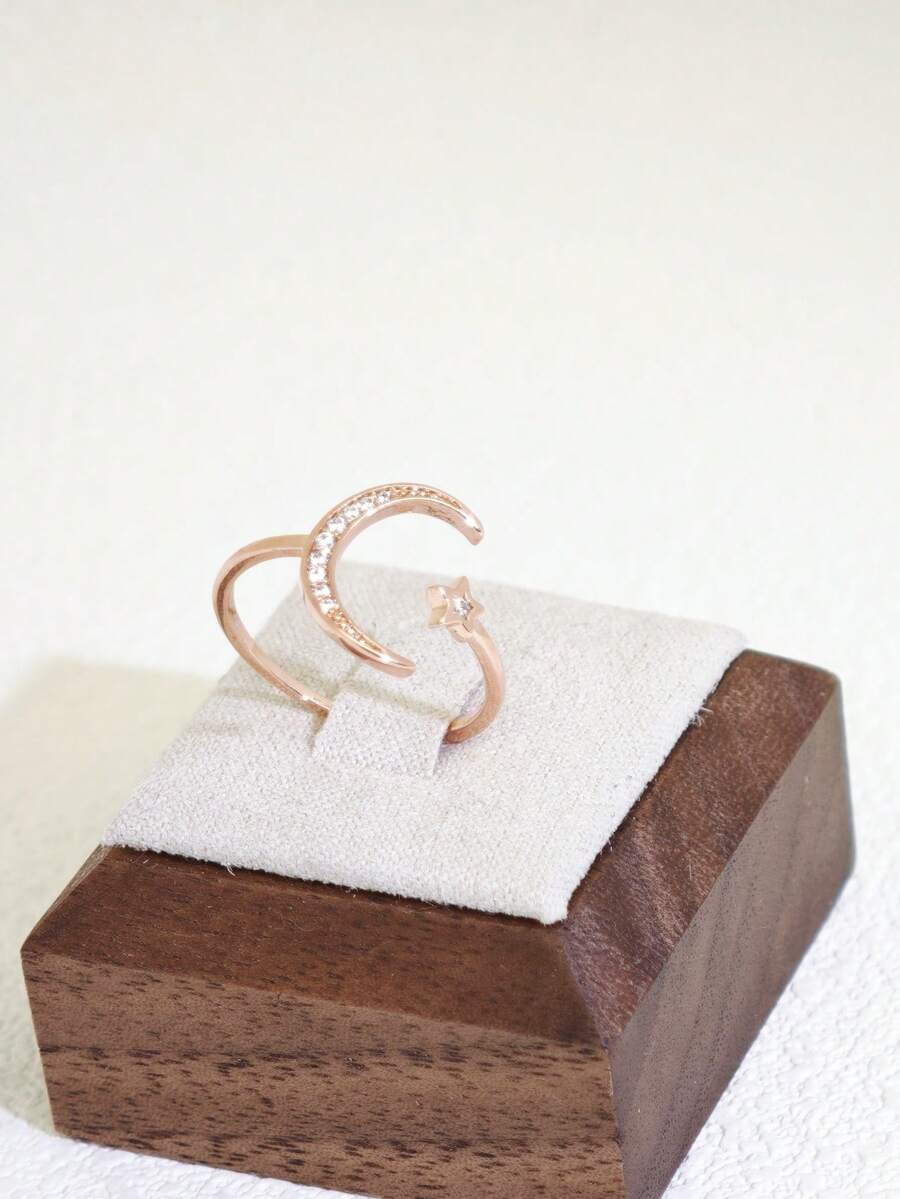 1枚时尚魅力设计全锆石月亮星星开口戒指，镀金铜质高品质真锆石戒指，女士款 - 玫瑰金 - 查看 1