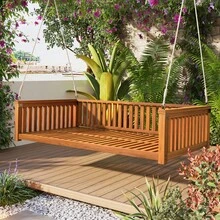 Merax Patio Minimalist Twin Size Garden Swing Bed Wood Porch Swing With Ropes For Backyard,  Sloped Design - Teak-New - 查看 2