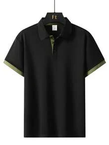 男士拼色四分之一鈕扣 Polo 衫，休閒週末 T-shirt，經典版型夏季運動上衣 - 黑色 - 查看 7