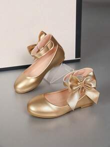 Girls' Gold Mary Jane Flats With Satin Bow, Suitable For Parties, Weddings And Pageants - Gold - View 1