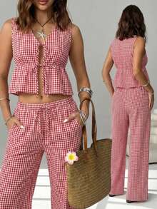 女士红色格纹两件套套装，无袖系带露脐上衣搭配阔腿裤，适合海滩度假和夏季穿着。 - 紅白色 - 查看 1