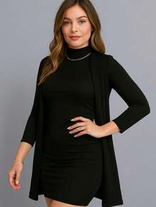 Winter Set: Cardigan + Tank Dress With Lace Collar - Black - View 2