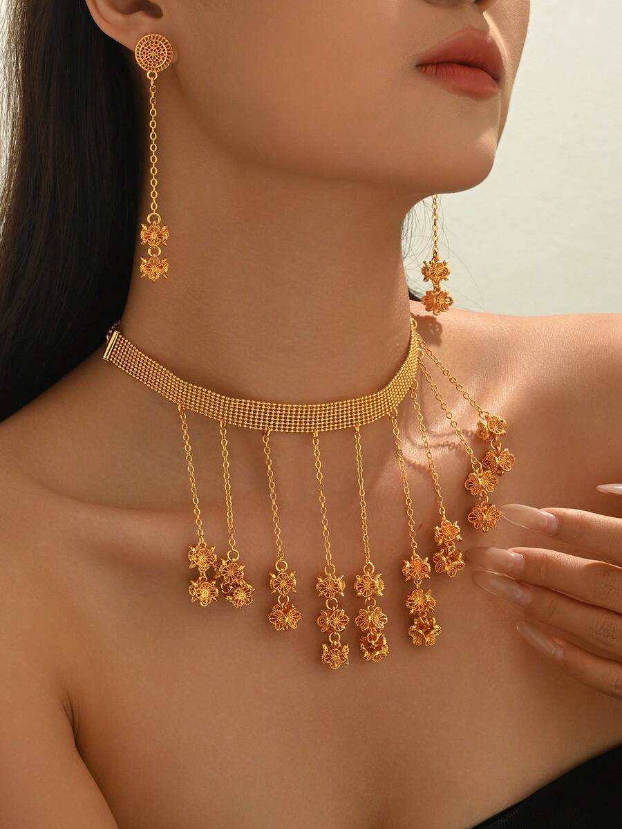 3件套复古阿拉伯风格流苏项链耳环首饰套装，新娘婚礼派对 - 金色 - 查看 1