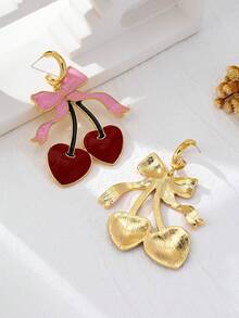 1 Pair Sweet Cherry Earrings, Exaggerated Metallic Ribbon Earrings, Elegant Luxury Earrings With Unique Design, Pastoral Style Big Jewelry Earrings - Pink - View 5