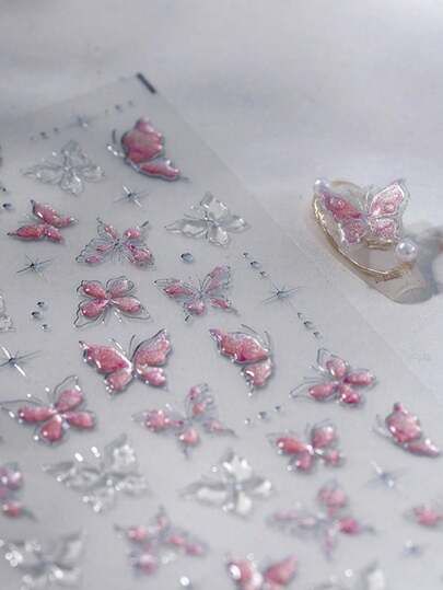 1片3D贝壳灯美甲贴纸，奢华闪亮粉白蝴蝶结美甲贴纸，可爱美甲配件贴纸