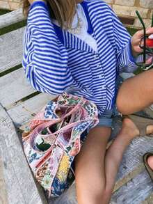Vivid Style Autumn/Winter New Women's Fashion Street Style Loose Striped Knit Cardigan, Suitable For Street, Airport, Christmas, New Year - Xanh và trắng - Xem 3
