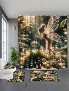 1/4pcs Waterdrop Elf Print Shower Curtain Set, Includes Shower Curtain, 12 Hooks, Anti-Slip Mat, U-Shaped Mat, Toilet Lid Cover, Thick Waterproof Mildew-Resistant Polyester Material - A - View 1