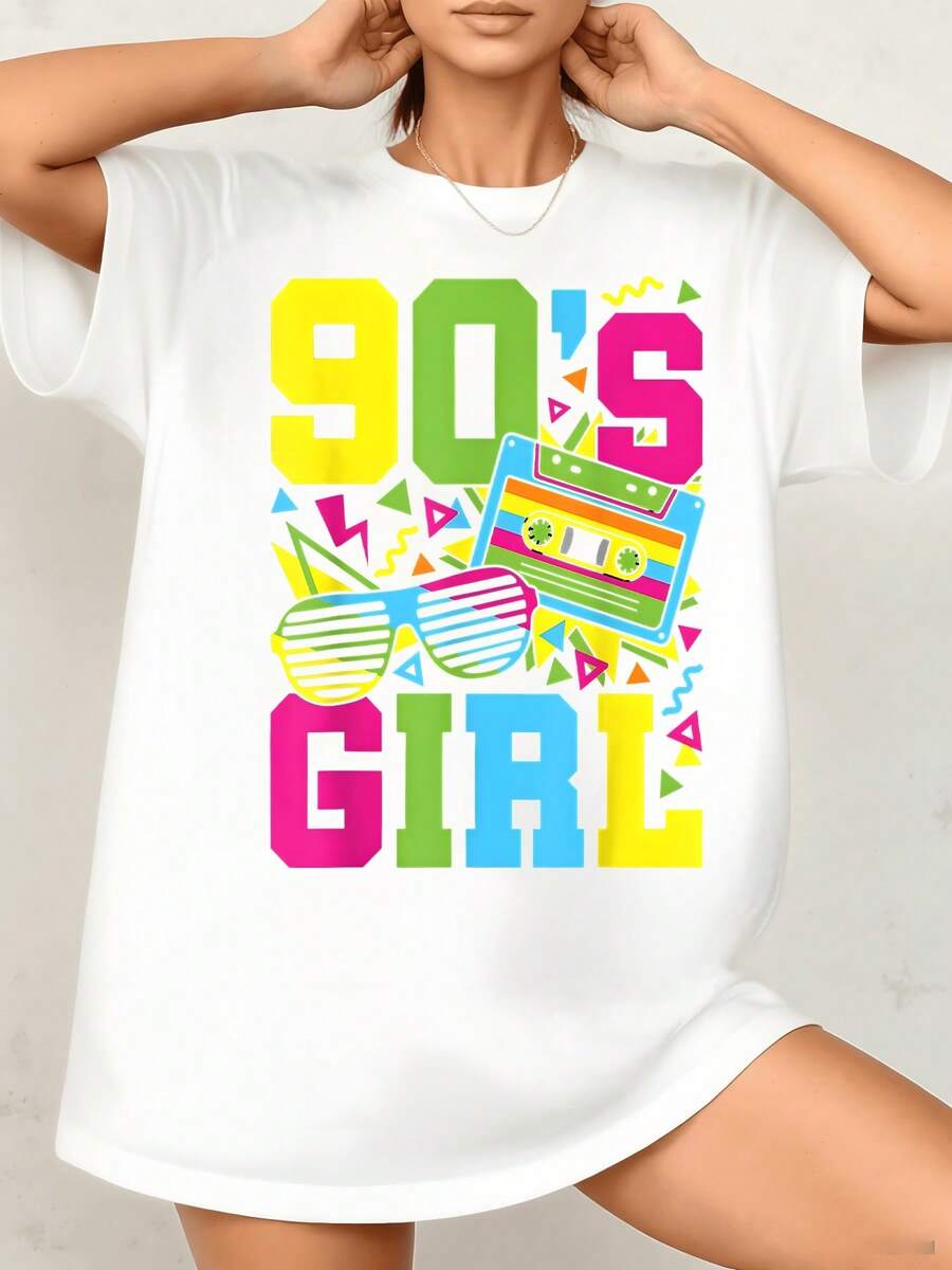 Gráficos vibrantes que evocan la energía juvenil de los años noventa con cinta de casete y gafas coloridas símbolo de diversión y libertad camiseta de mujer casual 220g - Blanco - Ver 1