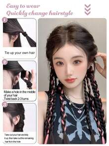2pcs Fashionable Colorblock Elastic Braided Hair Bands, Ponytail Hair Extensions, Rainbow Color Hair Ties, Boxer Braid Synthetic Hair Extensions, Ombre Hair Scrunchies, Suitable For Women, Girls And Kids For Daily And Party Decor, Length 45cm - Multicolor - View 8