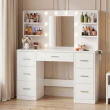 Devoko Large Dressing Table With Adjustable LED Lighting, Mirrored Dressing Table, With 7 Drawers, 4 Open Shelves And 2 Power Outlets, Suitable For Bedrooms, White - White - View 2