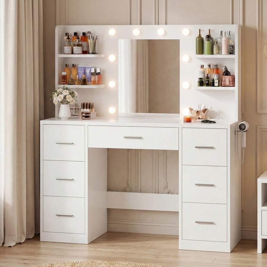Devoko Large Dressing Table With Adjustable LED Lighting, Mirrored Dressing Table, With 7 Drawers, 4 Open Shelves And 2 Power Outlets, Suitable For Bedrooms, White - White - View 1