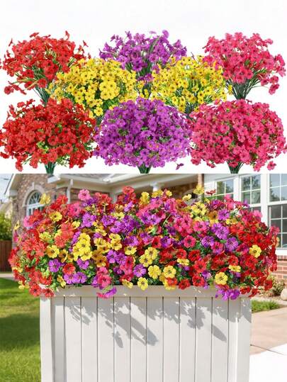 8件套人造仿真悬挂植物花卉户外装饰仿真丝雏菊盆栽花卉摆设，适用于门廊、家居、室内、露台、花园、庭院装饰仿真雏菊配桉树叶假植物绿植黄杨木门廊露台人造花、仿真花、假花、假植物、人造植物、仿真植物，适用于户外、室内、家居装饰花园、庭院、露台、门廊、阳台花盆；