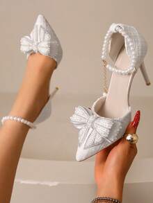 女士米色高跟鞋，时尚水晶蝴蝶结尖头细高跟鞋，仙女风春夏新品，踝带米色凉鞋，性感猫跟鞋，旗袍搭配鞋 - 米色 - 查看 3