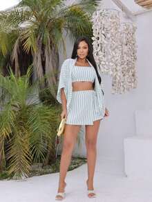 Women's 3-Piece Set: Kimono Skirt, Shorts, And Striped Cropped Top - Summer, Beachwear, Casual, Resort, Stylish, Comfortable, With Vertical Stripes - 綠色 - 查看 2