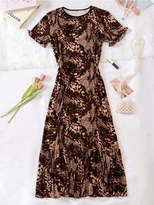 Women's Soft Printed Leopard Pattern Sexy Lingerie Nightgown Robe - Camel - View 8