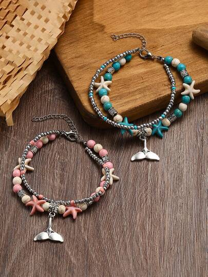 1pc Fashion Turquoise Starfish Mermaid Tail Bracelet, Vacation Ocean Style Gift For Friends & Mothers