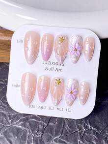 10 片手工制作的按压式美甲贴片，美甲饰品，假指甲，短指甲，亚克力按压式美甲贴片，Y2K 风格，夏季美甲，粉色美甲，紫色美甲，指甲表面饰有手工制作的竹子和树脂装饰，点缀着金色海星、钢珠和白色珍珠，以及手工雕刻的浅紫色五瓣花，非常适合在度假和派对中使用。 - 淡紫色 - 查看 2