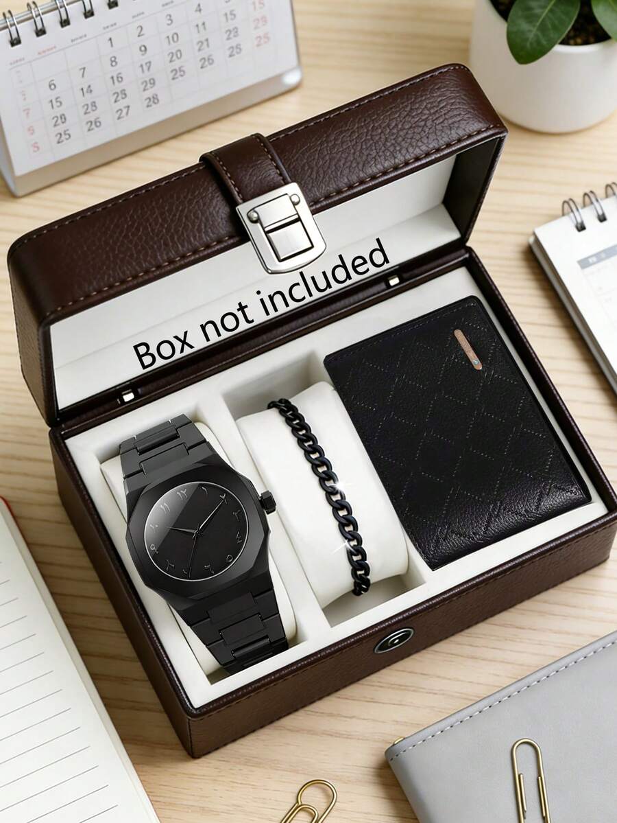 3-Piece Men's Watch Set, Including 1 Men's Watch, 1 Black Chain Bracelet, And 1 Minimalist Wallet, All In Black Color Design To Create A Low-Key, Steady And Capable Vibe. Suitable For New Year Visits, Commuting To Work, Business Trips, Daily Outings And More Occasions. - Black - View 1