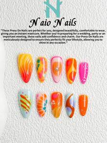 NAIO Bộ 10 móng giả thủ công mùa xuân hè, kiểu dáng hình quan tài/hạnh nhân/vuông ngắn, phong cách Y2K cá tính, màu cam, hồng nhạt, xanh dương, xanh lá cây và tím với viền kiểu Pháp, ombre cam, chấm bi, ngôi sao, graffiti và họa tiết da rắn, họa tiết sóng và đính ngọc trai, chất liệu kem Gel-X, phù hợp cho phụ nữ và bé gái, dự tiệc, sử dụng hàng ngày, kèm bộ dụng cụ, món quà tuyệt vời cho móng tay của phái nữ. - Nhiều màu - Xem 3