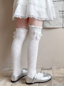 1 Par/4 Pares de Calcetines por encima de la rodilla para niñas, estilo escolar con diseño de cuadros, flores y lazos para primavera/verano - Multicolor - Ver 4