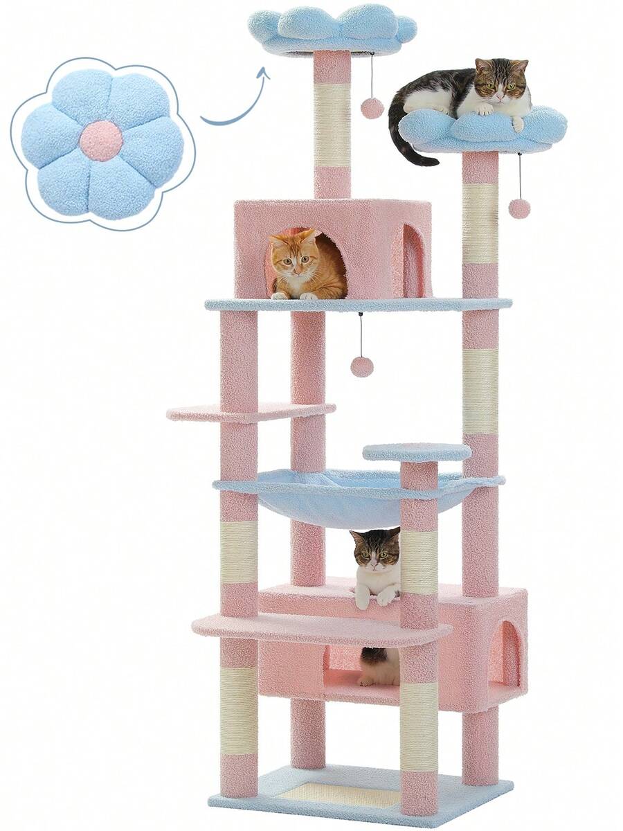 PAWZ Road 184 Cm Large Cat Tree, Cat Tower For Large Cats, Cat House With Sisal-Wrapped Scratching Posts And Padding, 2 Padded Resting Areas, Double House And Basket For Indoor Cats, Blue PIink - 藍粉紅色 - 查看 1