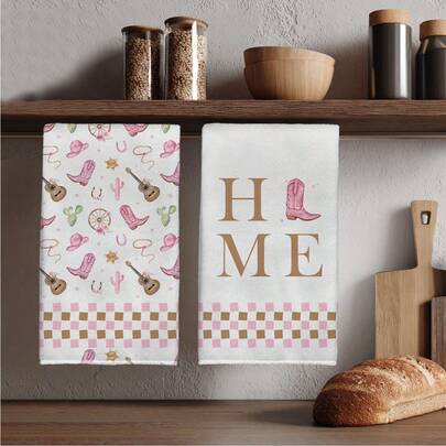 MEMNUN 2件套牛仔靴、牛仔帽、吉他、车轮、马蹄铁、仙人掌印花超细纤维柔软吸水厨房巾，可作洗碗巾、手巾、抹布，家居装饰，厨房装饰，烹饪烘焙清洁巾，厨房配件，可机洗，适用于餐厅、厨房、家居装饰和礼品，四季皆宜。